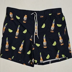 Corona Men's Swim Shorts - Dark Blue with Lime and Bottle Design